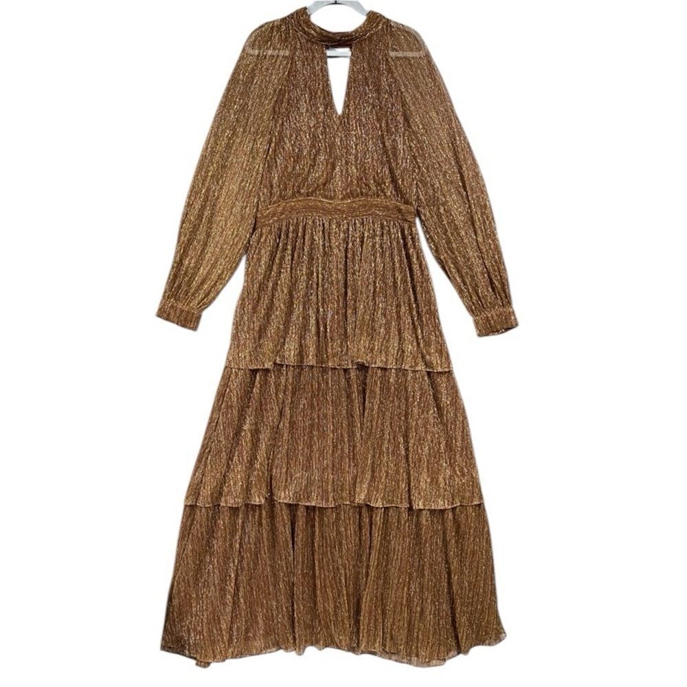 The Odells Shimmer Loretta Long Sleeve Tiered Open Back Keyhole Sz XL Brown - Picture 2 of 11